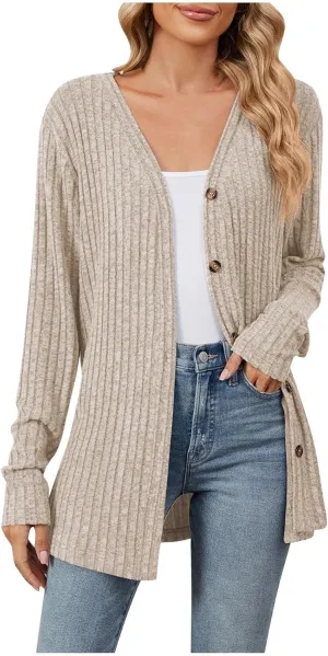 Womens Button Down Open Front Cardigan Fall Lightweight Soft Ribbed Knit Cardigan Sweaters Long Sleeve Coat Outwear
