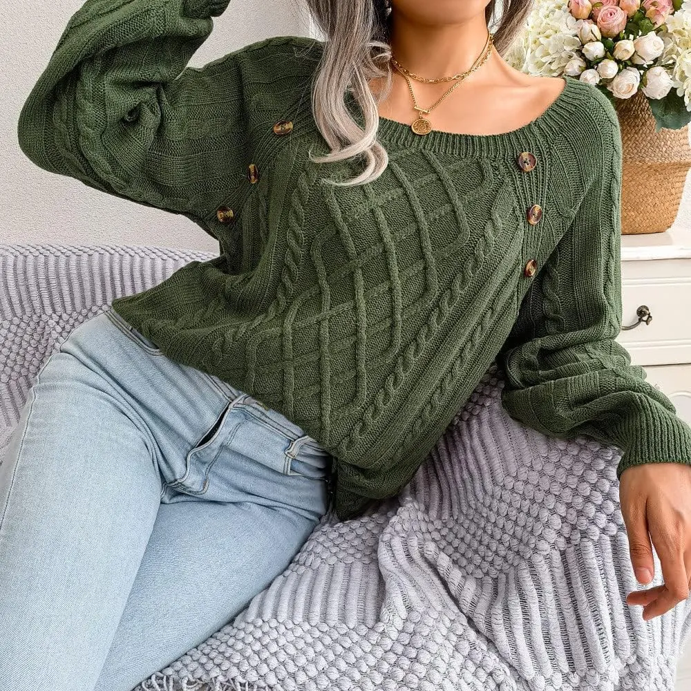 Women's Cable Knit Button Decor Sweater Crewneck Pullover Jumper Tops Long Sleeve Sweatshirt 2022 Soft Winter Clothes