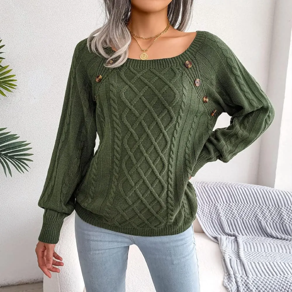 Women's Cable Knit Button Decor Sweater Crewneck Pullover Jumper Tops Long Sleeve Sweatshirt 2022 Soft Winter Clothes