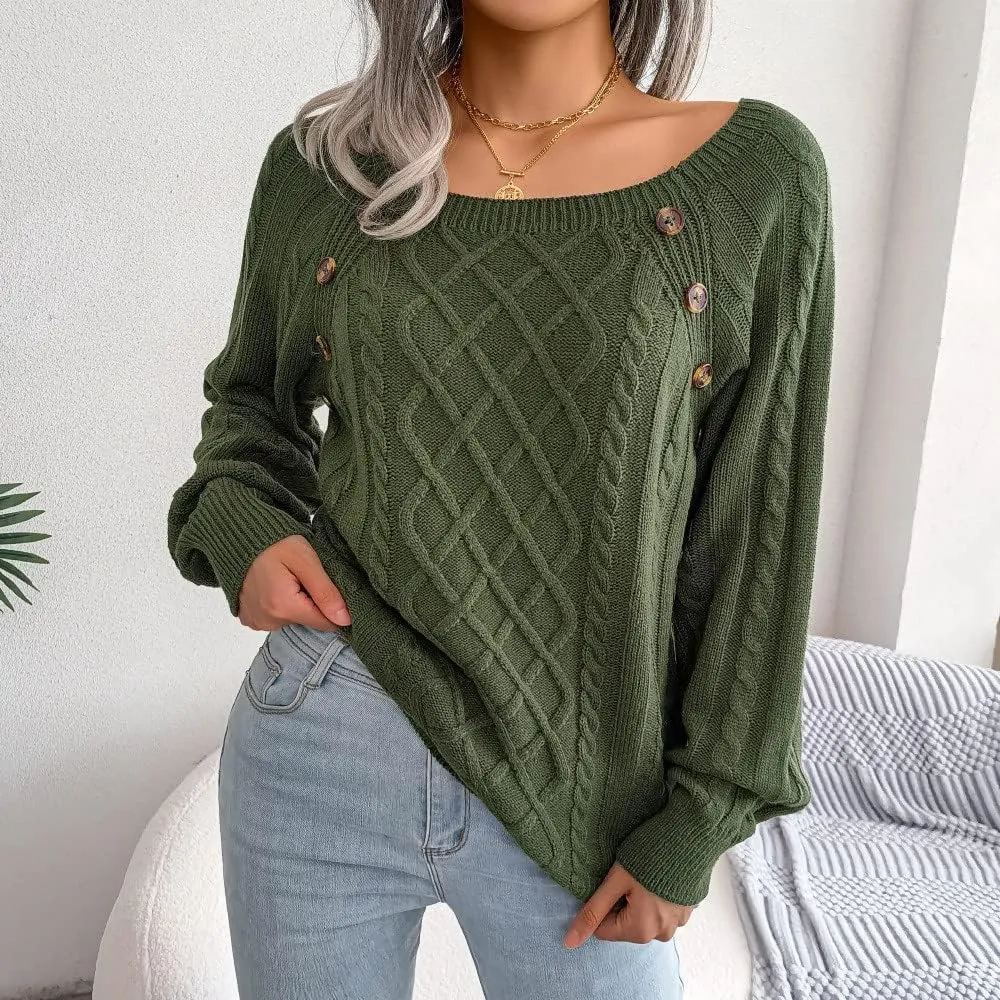 Women's Cable Knit Button Decor Sweater Crewneck Pullover Jumper Tops Long Sleeve Sweatshirt 2022 Soft Winter Clothes