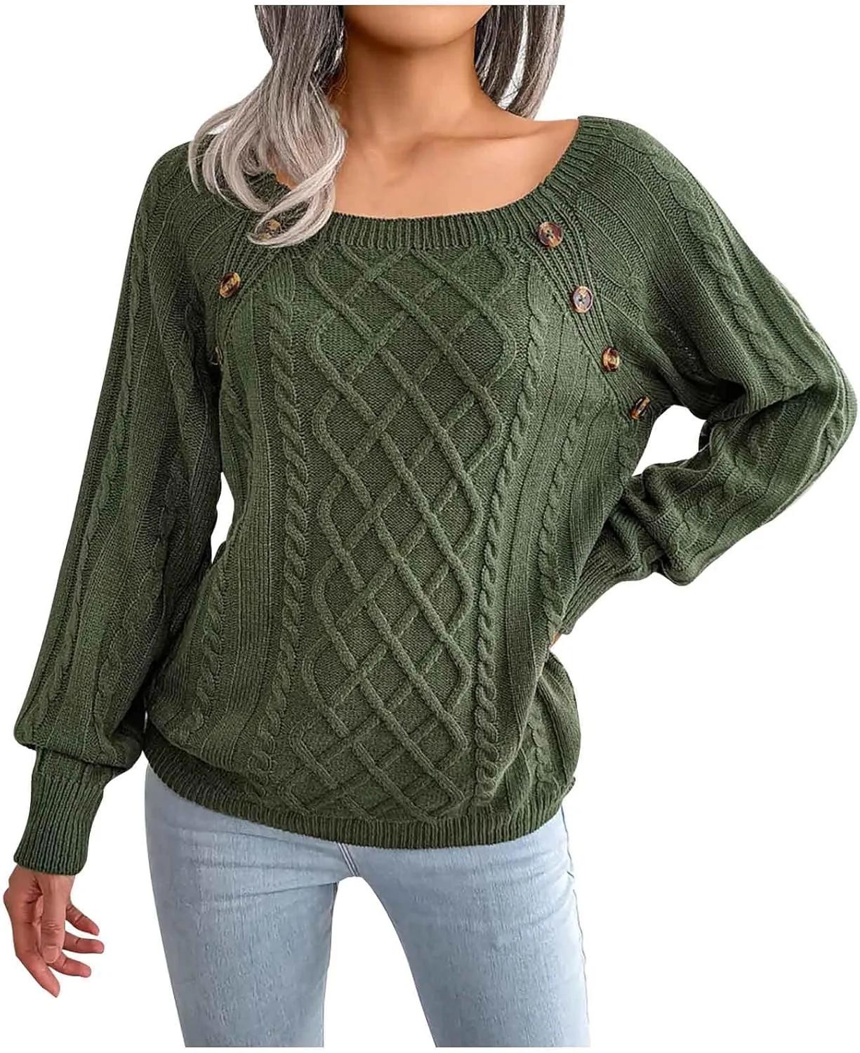 Women's Cable Knit Button Decor Sweater Crewneck Pullover Jumper Tops Long Sleeve Sweatshirt 2022 Soft Winter Clothes