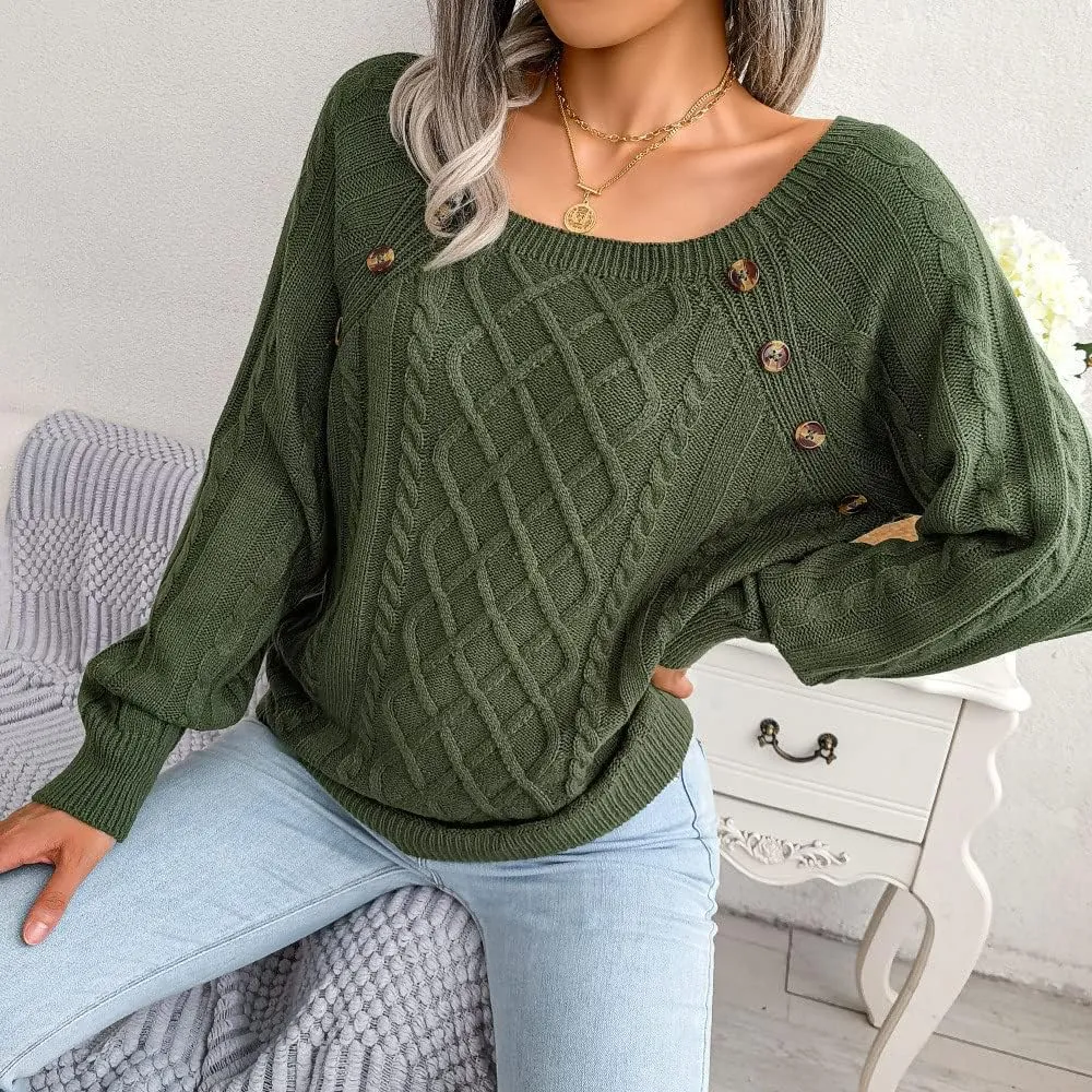 Women's Cable Knit Button Decor Sweater Crewneck Pullover Jumper Tops Long Sleeve Sweatshirt 2022 Soft Winter Clothes