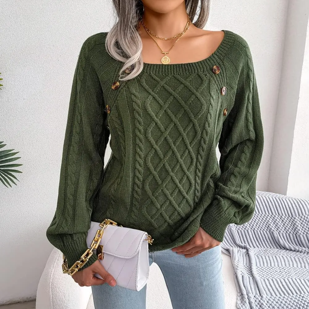 Women's Cable Knit Button Decor Sweater Crewneck Pullover Jumper Tops Long Sleeve Sweatshirt 2022 Soft Winter Clothes