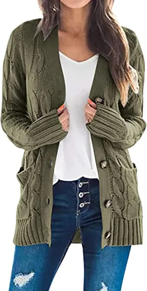 Women's Cable Knit Cardigan Sweaters Open Front Button Down Knitwear Loose Oversized Fall Outerwear Coat with Pocket