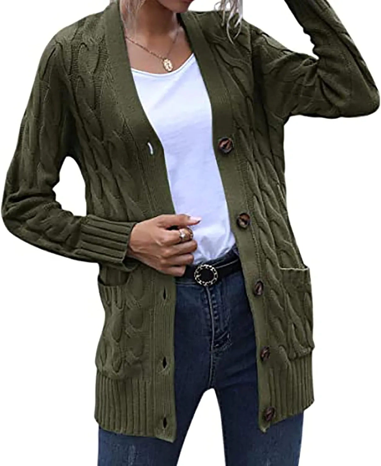 Women's Cable Knit Cardigan Sweaters Open Front Button Down Knitwear Loose Oversized Fall Outerwear Coat with Pocket