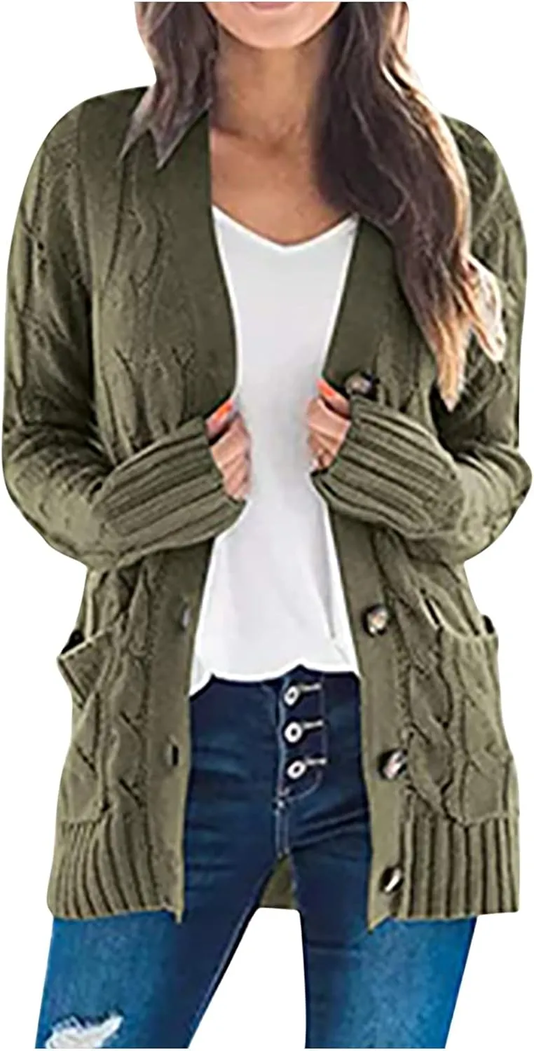 Women's Cable Knit Cardigan Sweaters Open Front Button Down Knitwear Loose Oversized Fall Outerwear Coat with Pocket