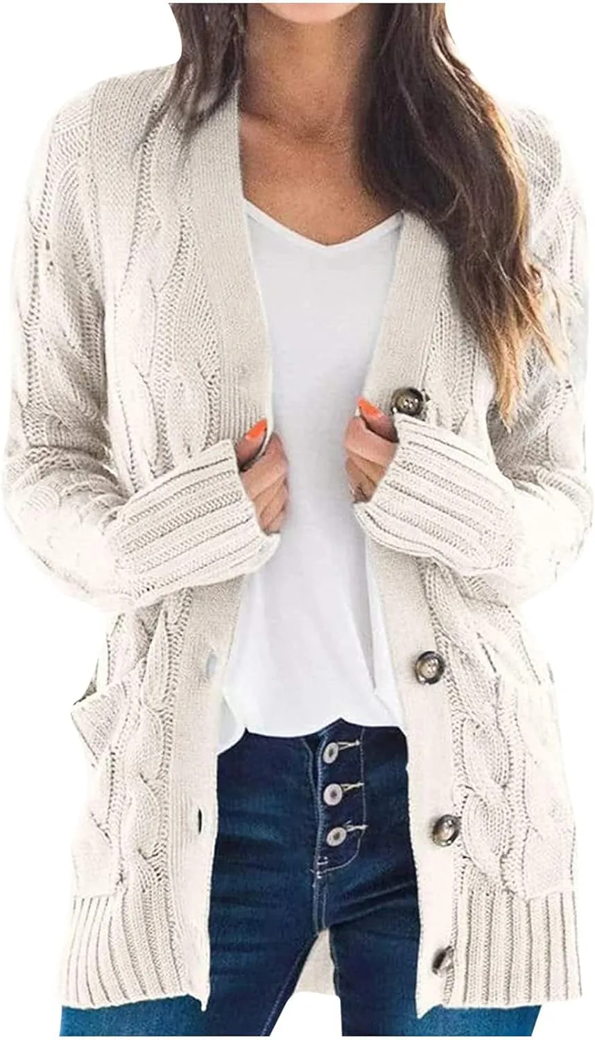 Womens Cable Knit Cotton Cardigan Sweaters Button V Neck Open Front Midi Sweater Jacket Winter Chunky Sweater Coat