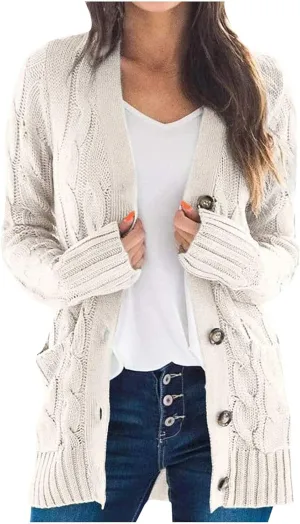 Womens Cable Knit Cotton Cardigan Sweaters Button V Neck Open Front Midi Sweater Jacket Winter Chunky Sweater Coat