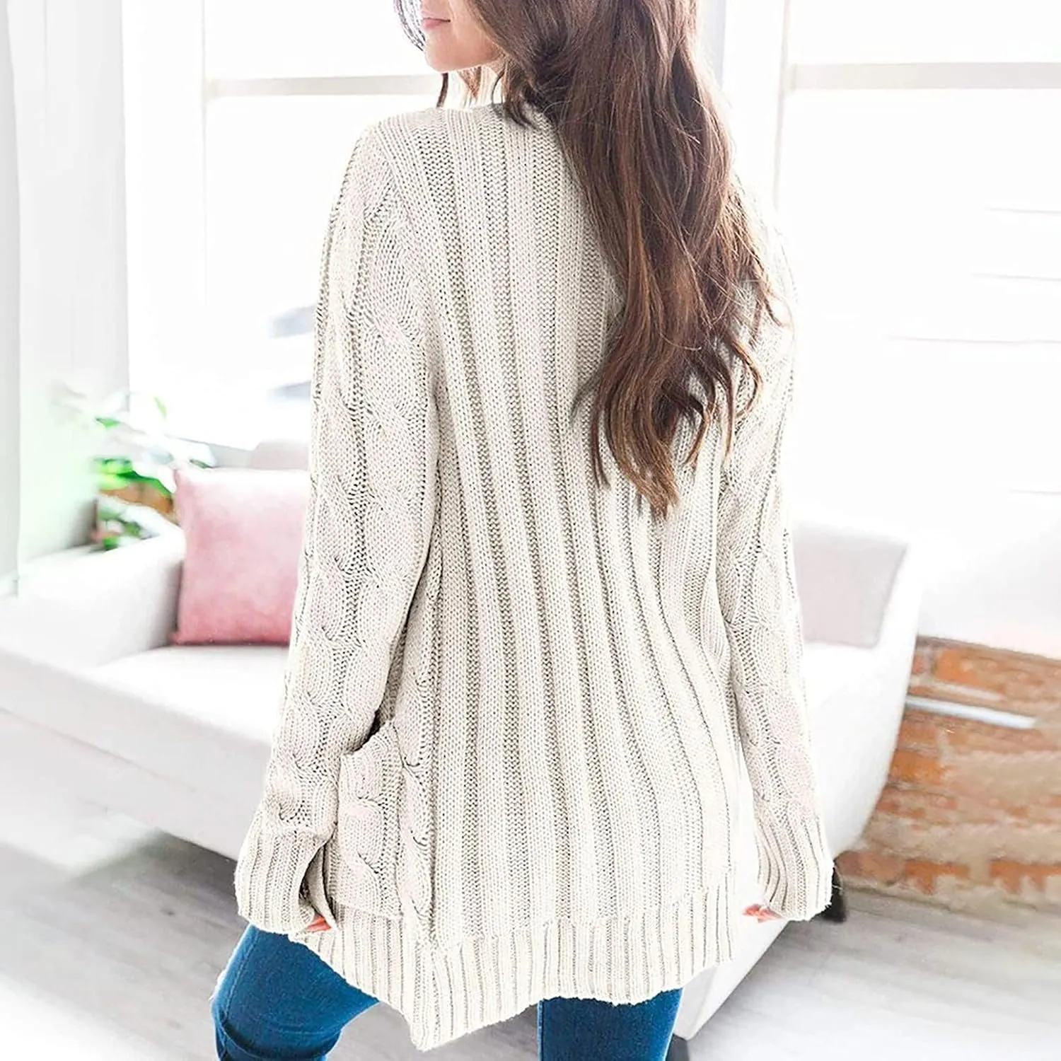 Womens Cable Knit Cotton Cardigan Sweaters Button V Neck Open Front Midi Sweater Jacket Winter Chunky Sweater Coat