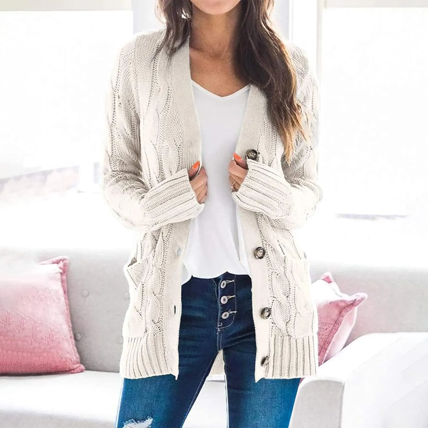 Womens Cable Knit Cotton Cardigan Sweaters Button V Neck Open Front Midi Sweater Jacket Winter Chunky Sweater Coat
