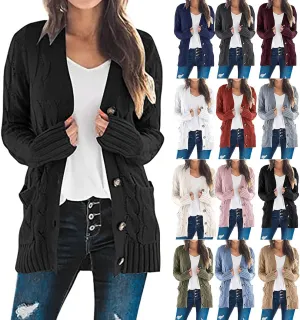 Womens Cable Knit Cotton Cardigan Sweaters Button V Neck Open Front Midi Sweater Jacket Winter Chunky Sweater Coat