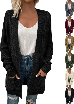 Women's Cable Knit Long Sleeve Open Front Cardigan Oversized Lightweight Cardigan Sweaters Cover Up with Pockets