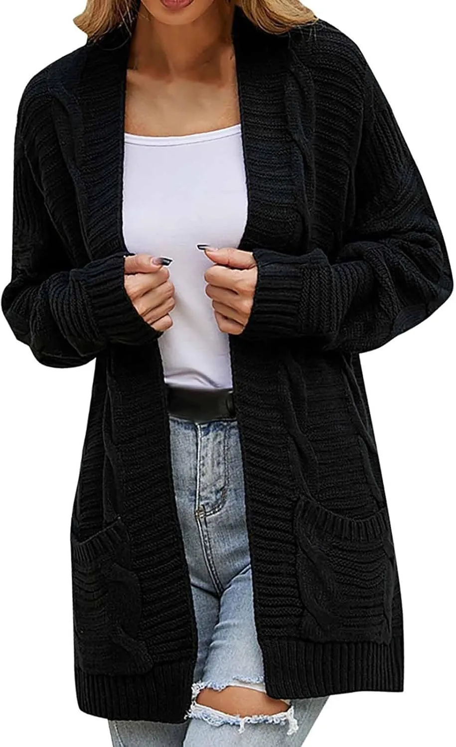 Women's Cable Knit Long Sleeve Open Front Cardigan Oversized Lightweight Cardigan Sweaters Cover Up with Pockets