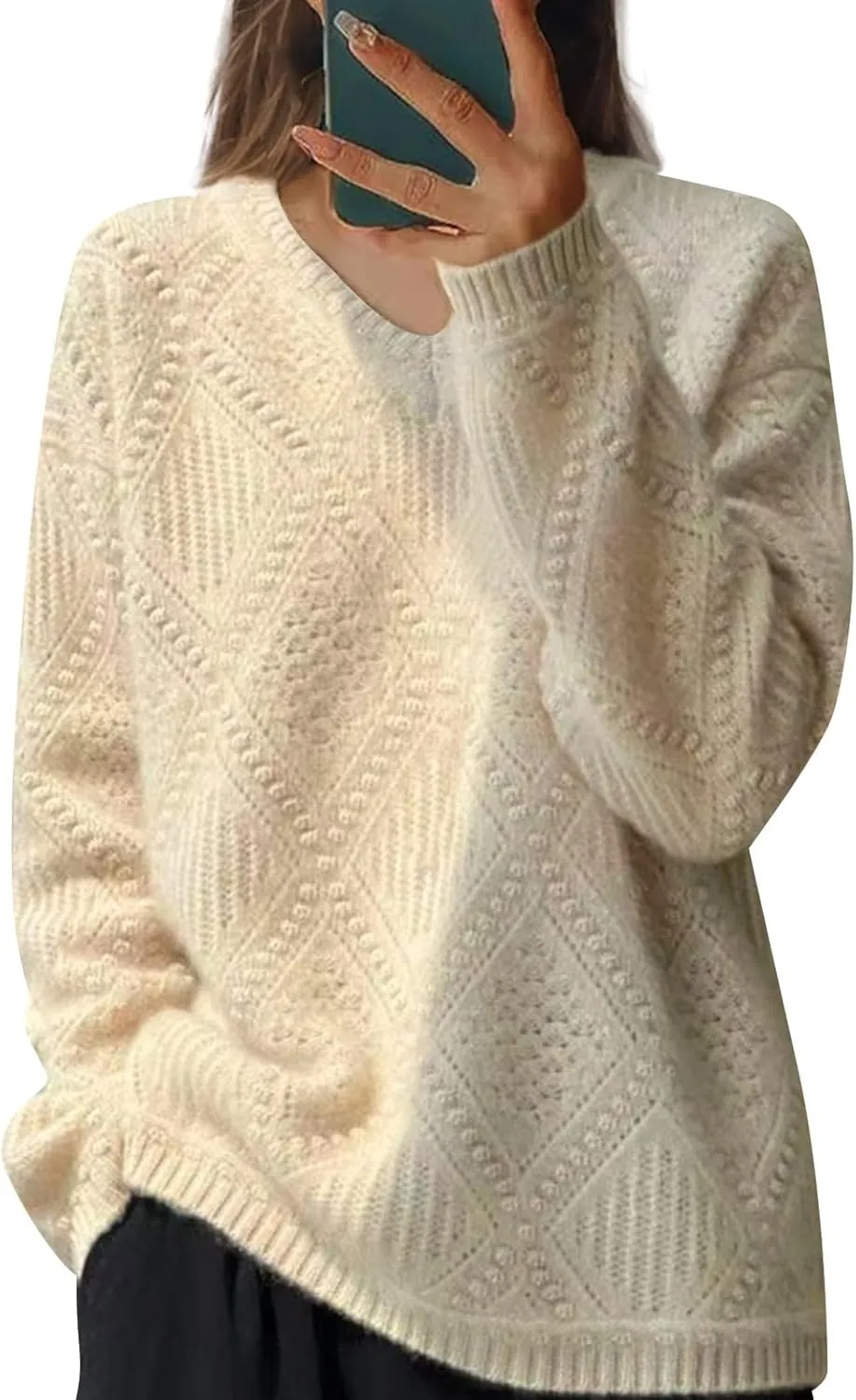 Women's Cable Knit Long Sleeve V Neck Turtleneck Sweaters Vintage Chunky Argyle Sweater Pullover Top for Fall Winter