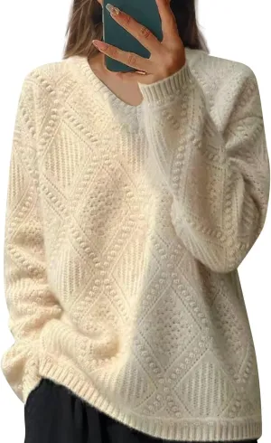 Women's Cable Knit Long Sleeve V Neck Turtleneck Sweaters Vintage Chunky Argyle Sweater Pullover Top for Fall Winter
