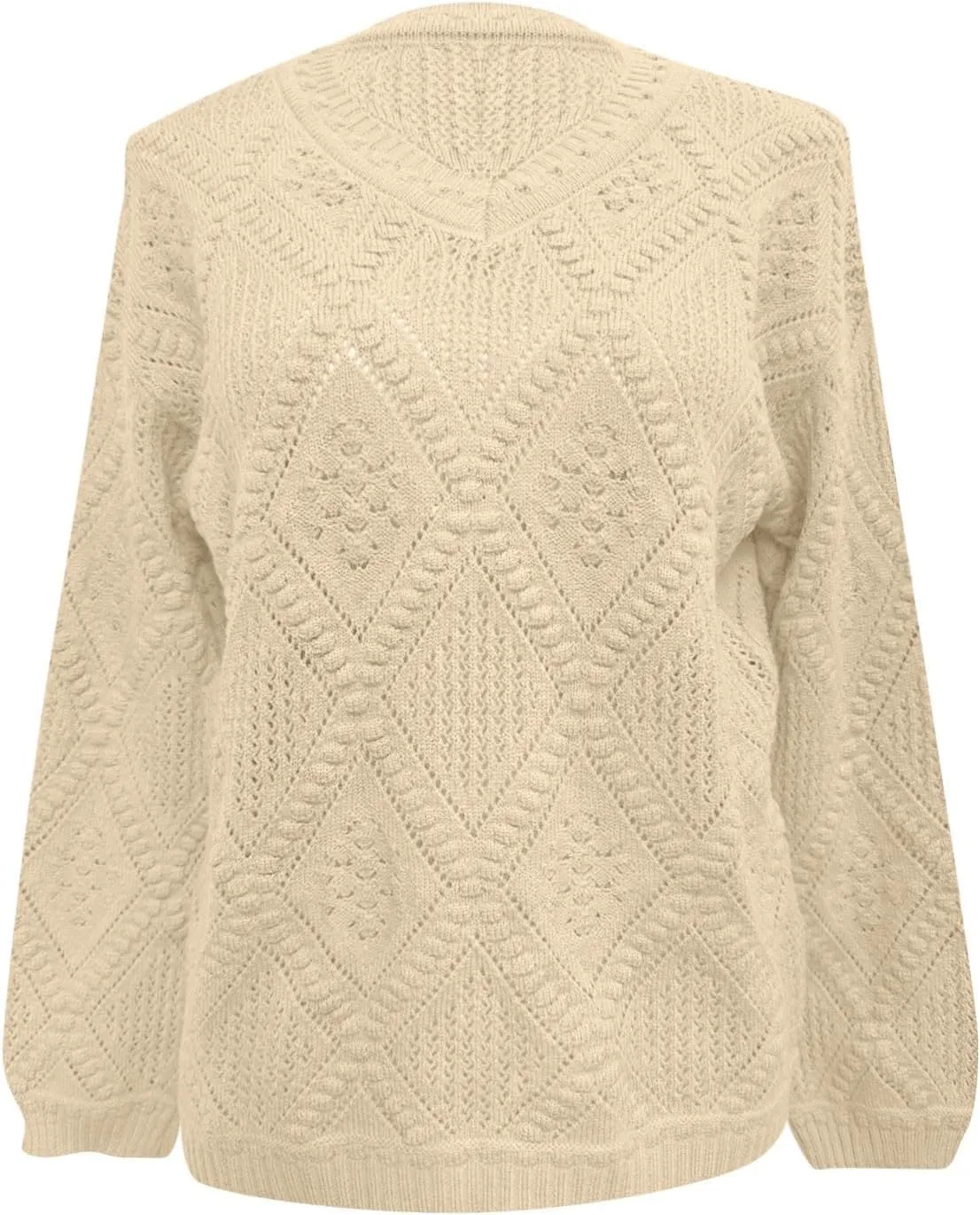 Women's Cable Knit Long Sleeve V Neck Turtleneck Sweaters Vintage Chunky Argyle Sweater Pullover Top for Fall Winter