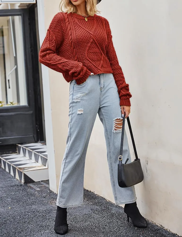 Women's Cable Knit Sweater Oversized Casual Trendy Fall Winter Crewneck Long Sleeve Chunky Pullover Sweater