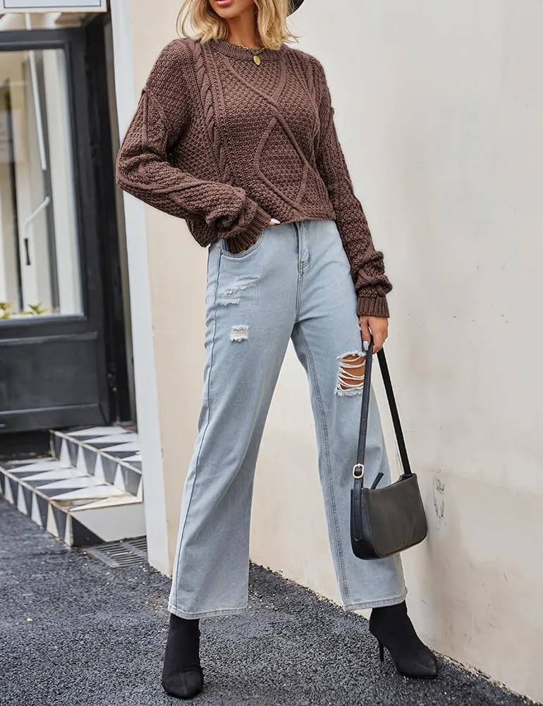 Women's Cable Knit Sweater Oversized Casual Trendy Fall Winter Crewneck Long Sleeve Chunky Pullover Sweater