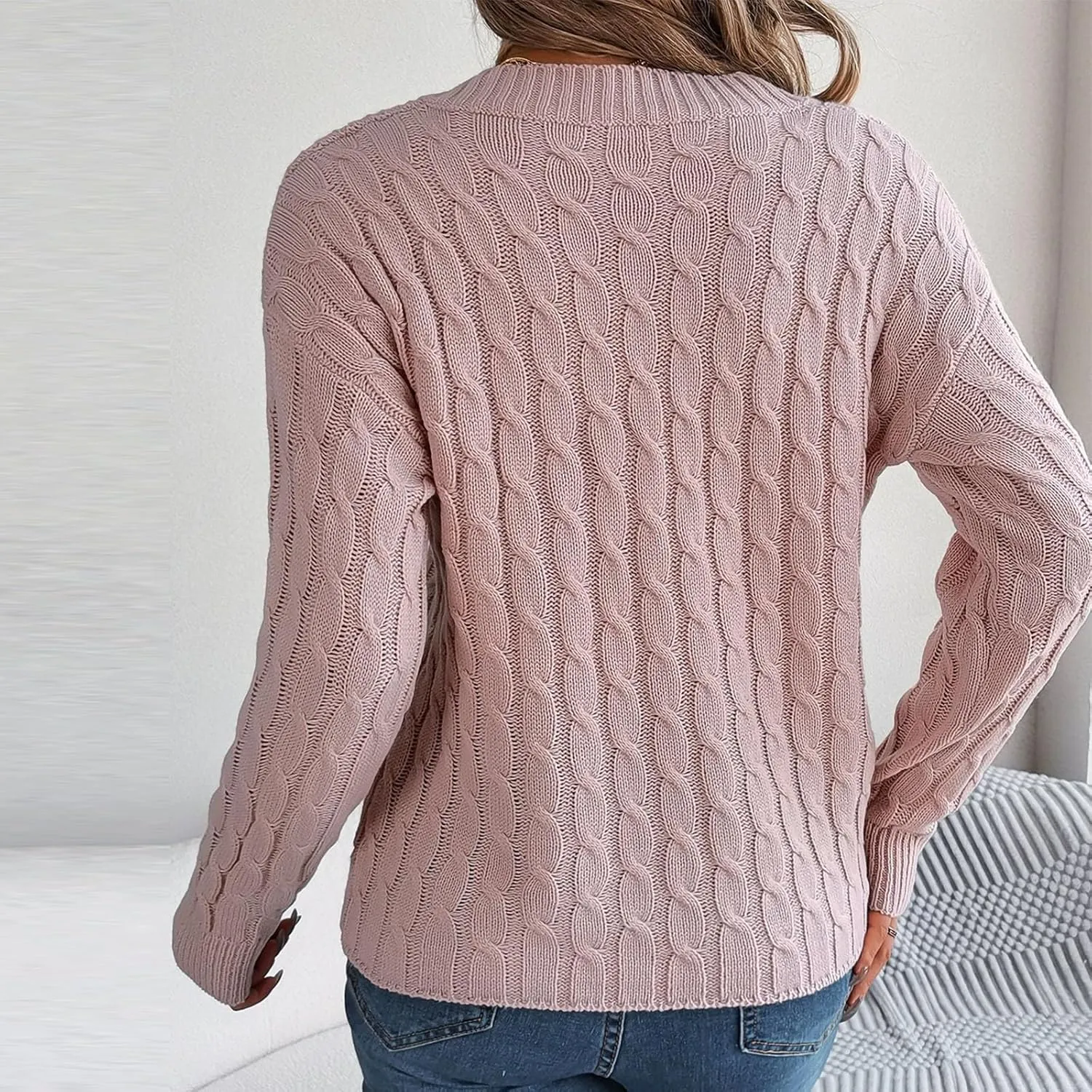 Women's Cable Knit Sweaters Fashion V-Neck Long Sleeves Loose Casual Fall Knitwear Pullover Sweatshirt Tops