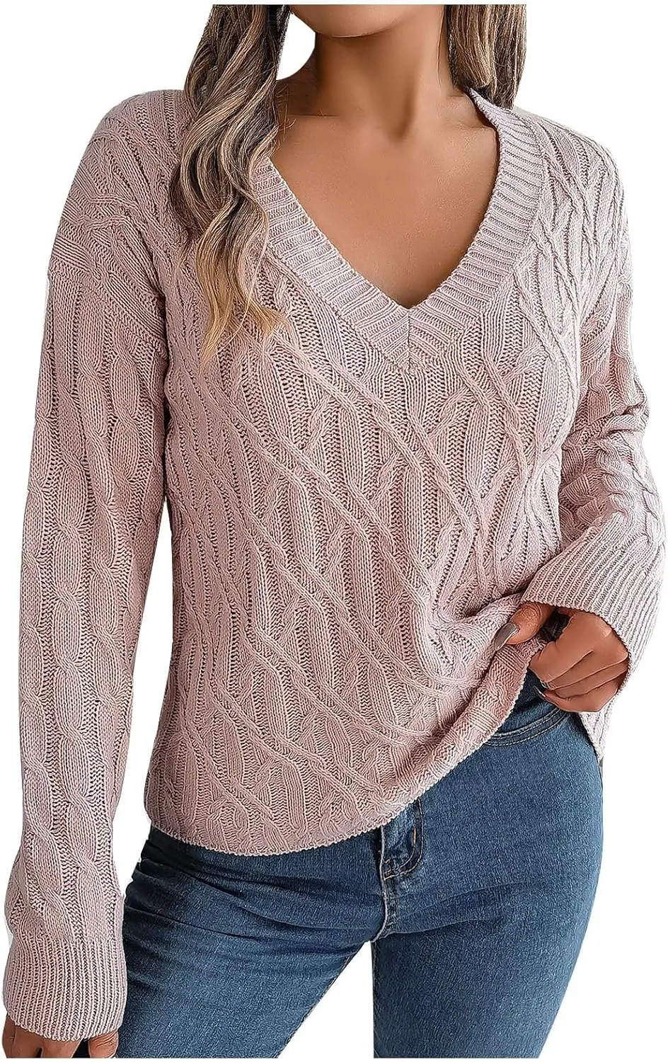 Women's Cable Knit Sweaters Fashion V-Neck Long Sleeves Loose Casual Fall Knitwear Pullover Sweatshirt Tops