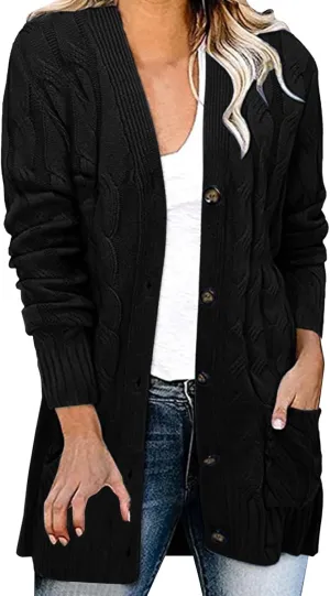 Womens Cable Knitted Cardigan Sweaters Open Front Button Down Coats Chunky Warm Knitwear Sweater Coat with Pockets