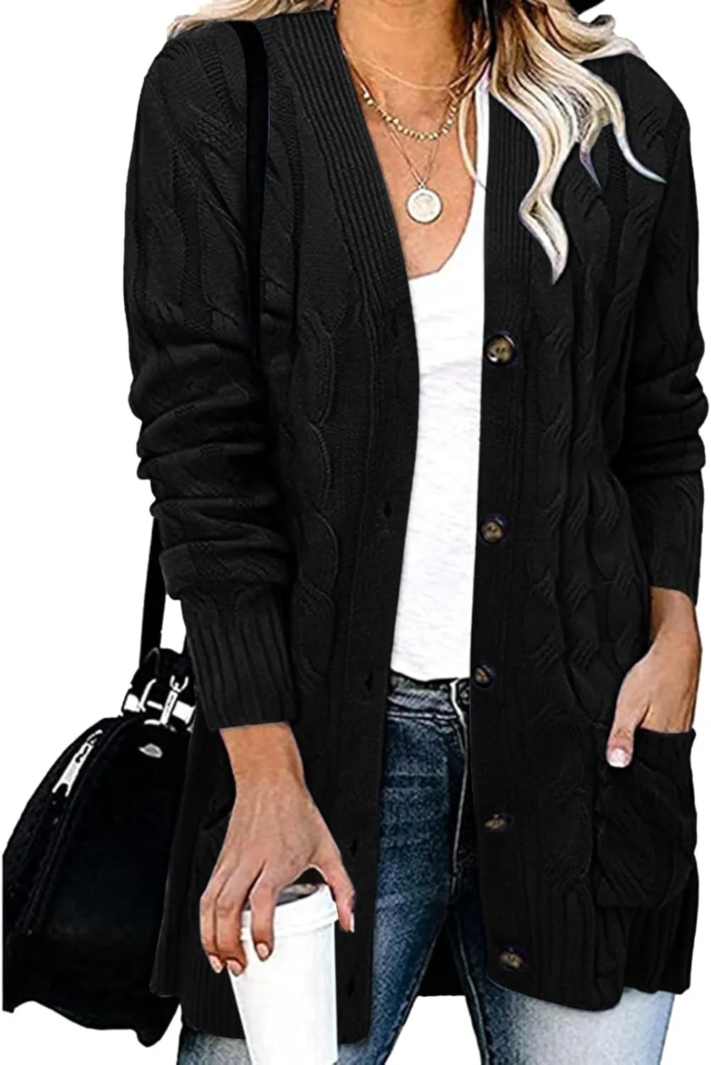Womens Cable Knitted Cardigan Sweaters Open Front Button Down Coats Chunky Warm Knitwear Sweater Coat with Pockets