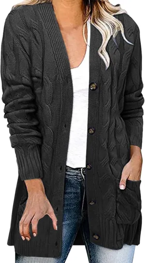 Womens Cable Knitted Cardigan Sweaters Open Front Button Down Coats Chunky Warm Knitwear Sweater Coat with Pockets