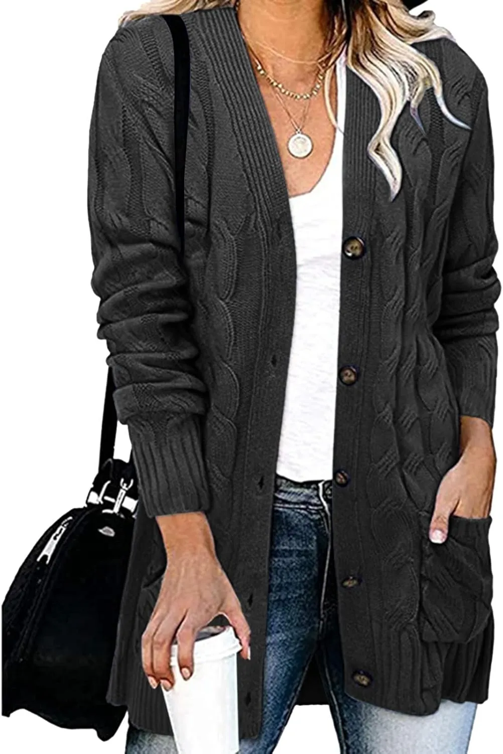 Womens Cable Knitted Cardigan Sweaters Open Front Button Down Coats Chunky Warm Knitwear Sweater Coat with Pockets