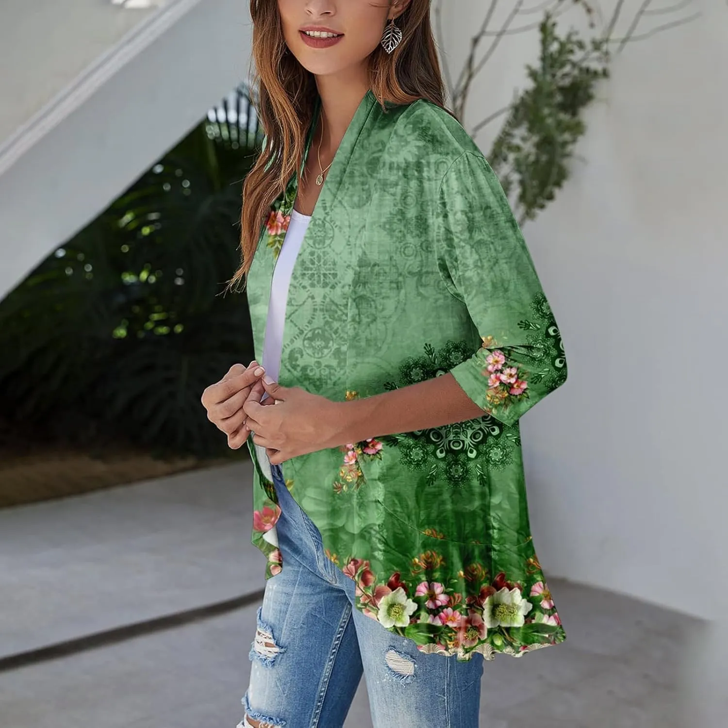 Womens Cardigan 2024 Lightweight Fall T Shirts Loose Fit Shawl Collar Blouse Coat 3/4 Sleeve Tie Dye Funny Tops