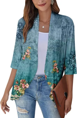 Womens Cardigan 2024 Lightweight Fall T Shirts Loose Fit Shawl Collar Blouse Coat 3/4 Sleeve Tie Dye Funny Tops