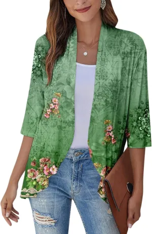 Womens Cardigan 2024 Lightweight Fall T Shirts Loose Fit Shawl Collar Blouse Coat 3/4 Sleeve Tie Dye Funny Tops