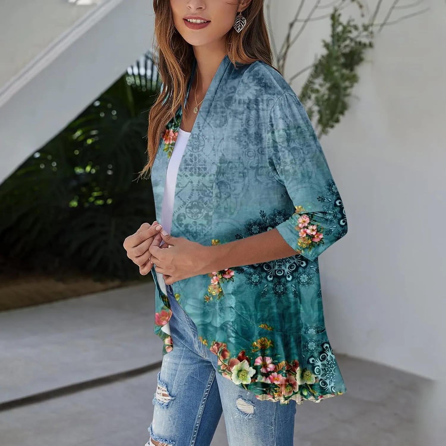 Womens Cardigan 2024 Lightweight Fall T Shirts Loose Fit Shawl Collar Blouse Coat 3/4 Sleeve Tie Dye Funny Tops