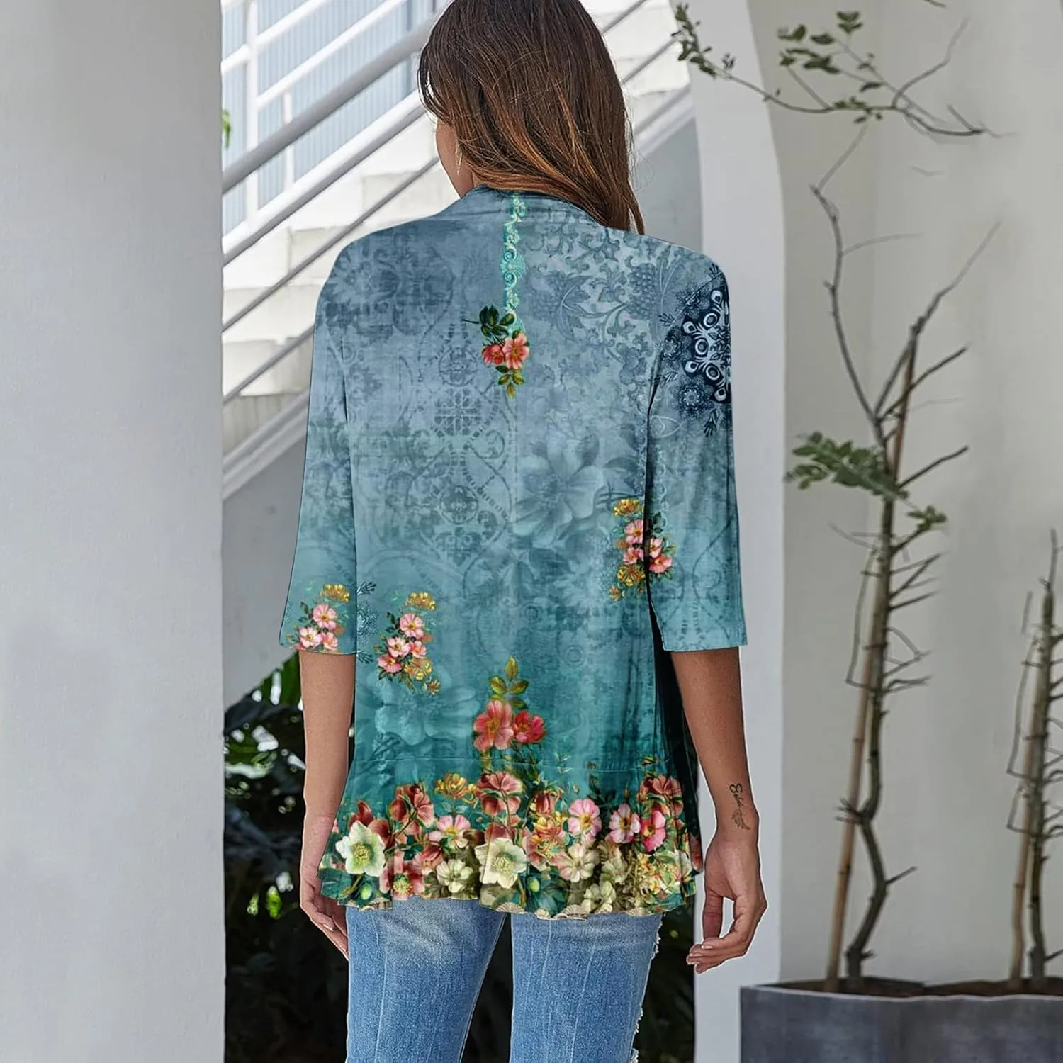 Womens Cardigan 2024 Lightweight Fall T Shirts Loose Fit Shawl Collar Blouse Coat 3/4 Sleeve Tie Dye Funny Tops