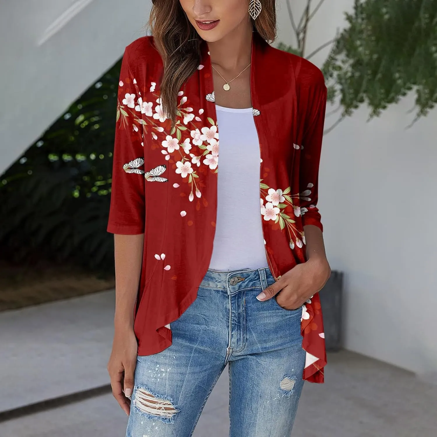 Women's Cardigans 2024 Fall Tie Dye Funny Tops Loose Fit Shawl Collar T Shirts 3/4 Sleeve Lightweight Blouse Coat