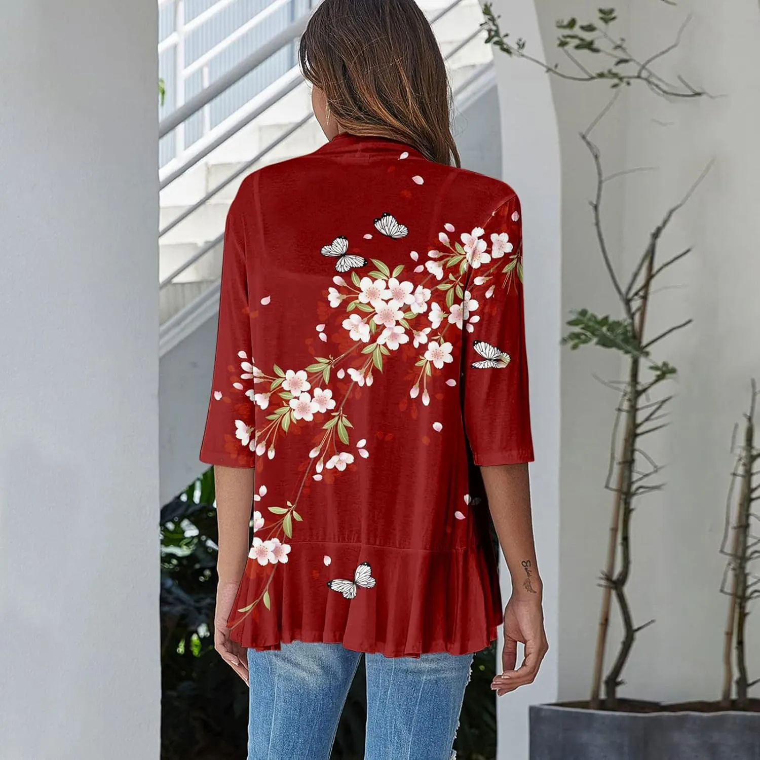 Women's Cardigans 2024 Fall Tie Dye Funny Tops Loose Fit Shawl Collar T Shirts 3/4 Sleeve Lightweight Blouse Coat