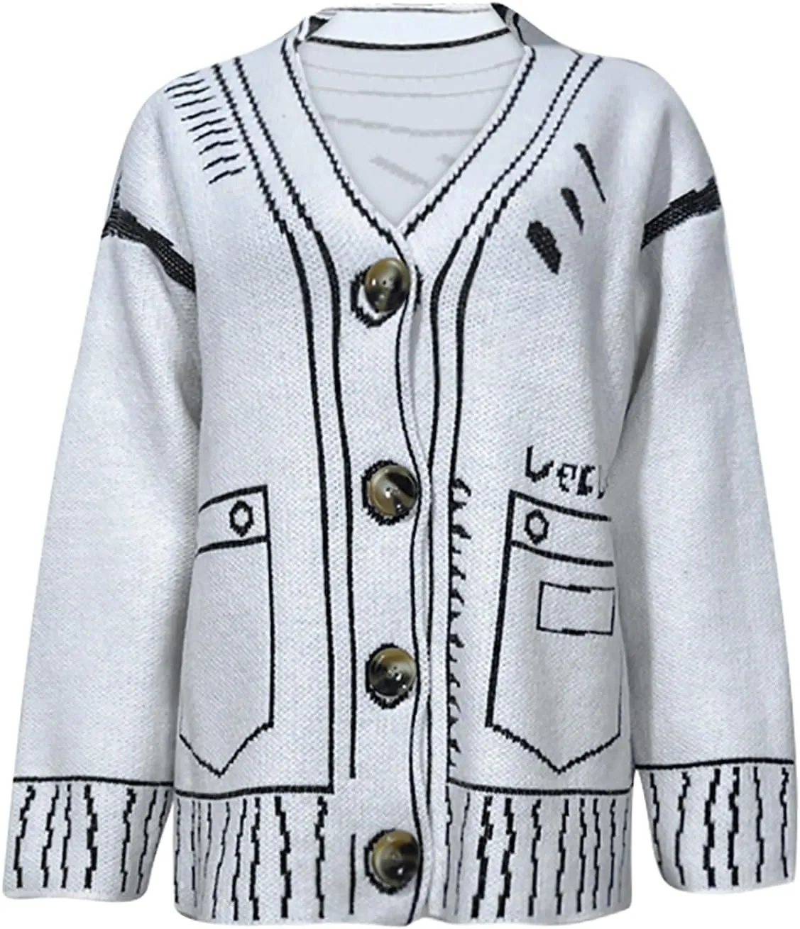 Women's Cartoon Sweater V Neck Knit Button Down Slouchy Cardigan Y2K E-Girl Loose Casual Sweater