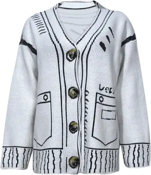 Women's Cartoon Sweater V Neck Knit Button Down Slouchy Cardigan Y2K E-Girl Loose Casual Sweater