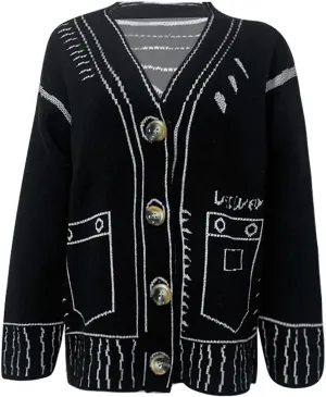 Women's Cartoon Sweater V Neck Knit Button Down Slouchy Cardigan Y2K E-Girl Loose Casual Sweater