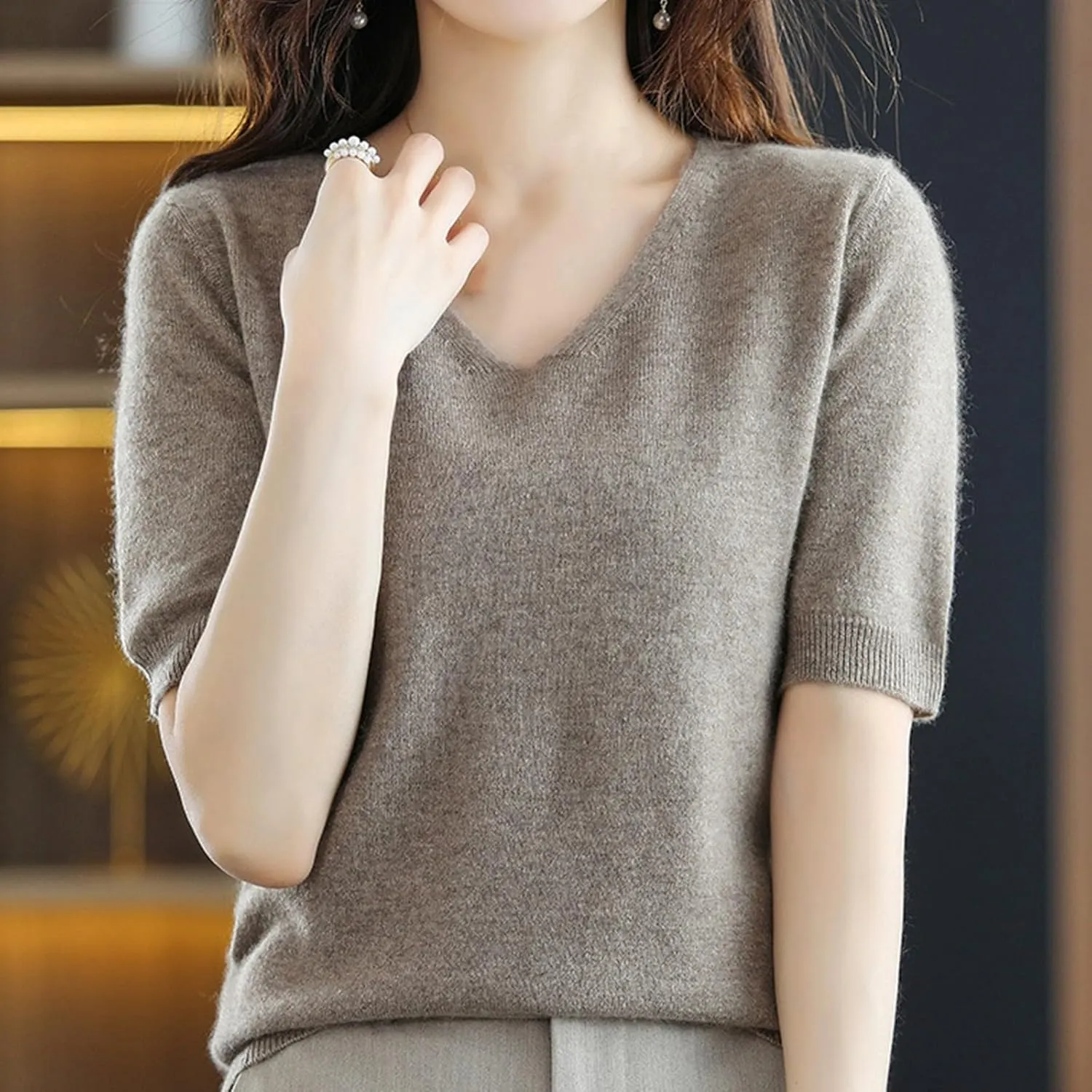 Women's Cashmere Sweater Short Sleeve V Neck Wool Base Layer Pullover Sweaters Fall Lightweight T Shirt Tops