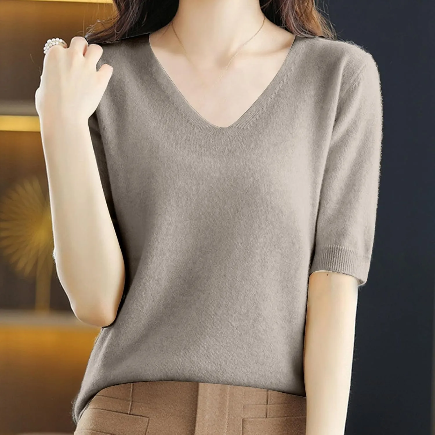 Women's Cashmere Sweater Short Sleeve V Neck Wool Base Layer Pullover Sweaters Fall Lightweight T Shirt Tops
