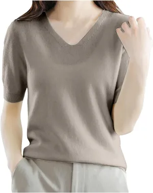 Women's Cashmere Sweater Short Sleeve V Neck Wool Base Layer Pullover Sweaters Fall Lightweight T Shirt Tops