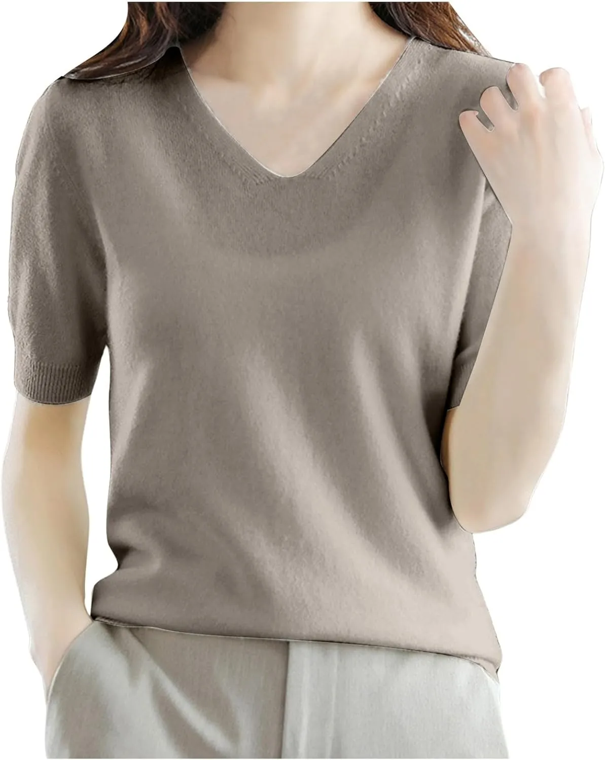 Women's Cashmere Sweater Short Sleeve V Neck Wool Base Layer Pullover Sweaters Fall Lightweight T Shirt Tops