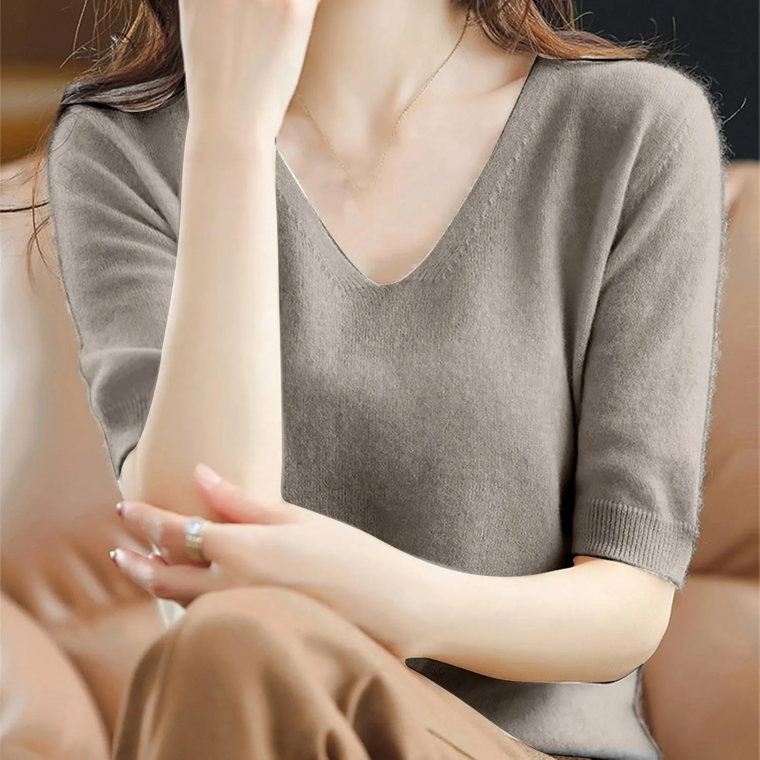 Women's Cashmere Sweater Short Sleeve V Neck Wool Base Layer Pullover Sweaters Fall Lightweight T Shirt Tops