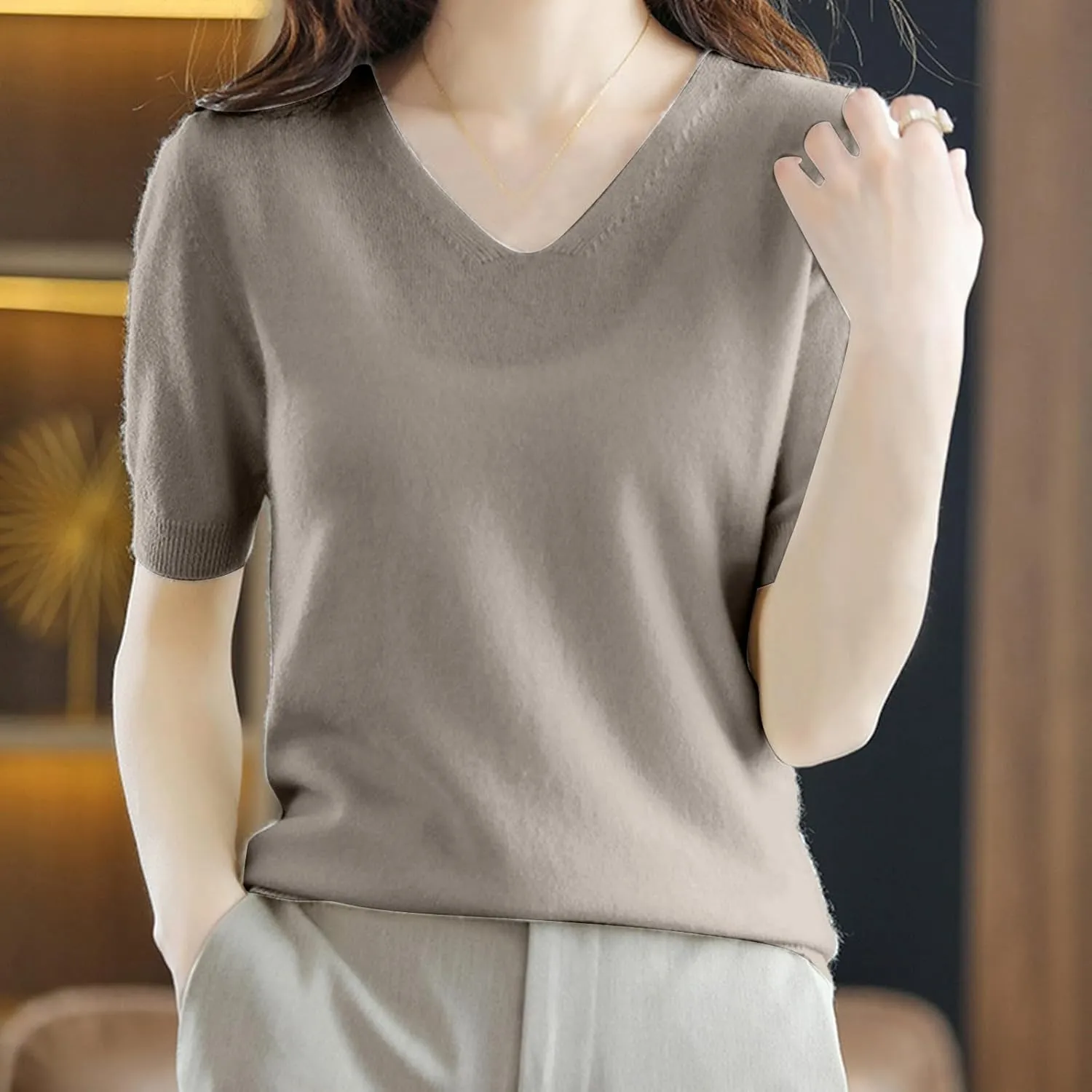 Women's Cashmere Sweater Short Sleeve V Neck Wool Base Layer Pullover Sweaters Fall Lightweight T Shirt Tops