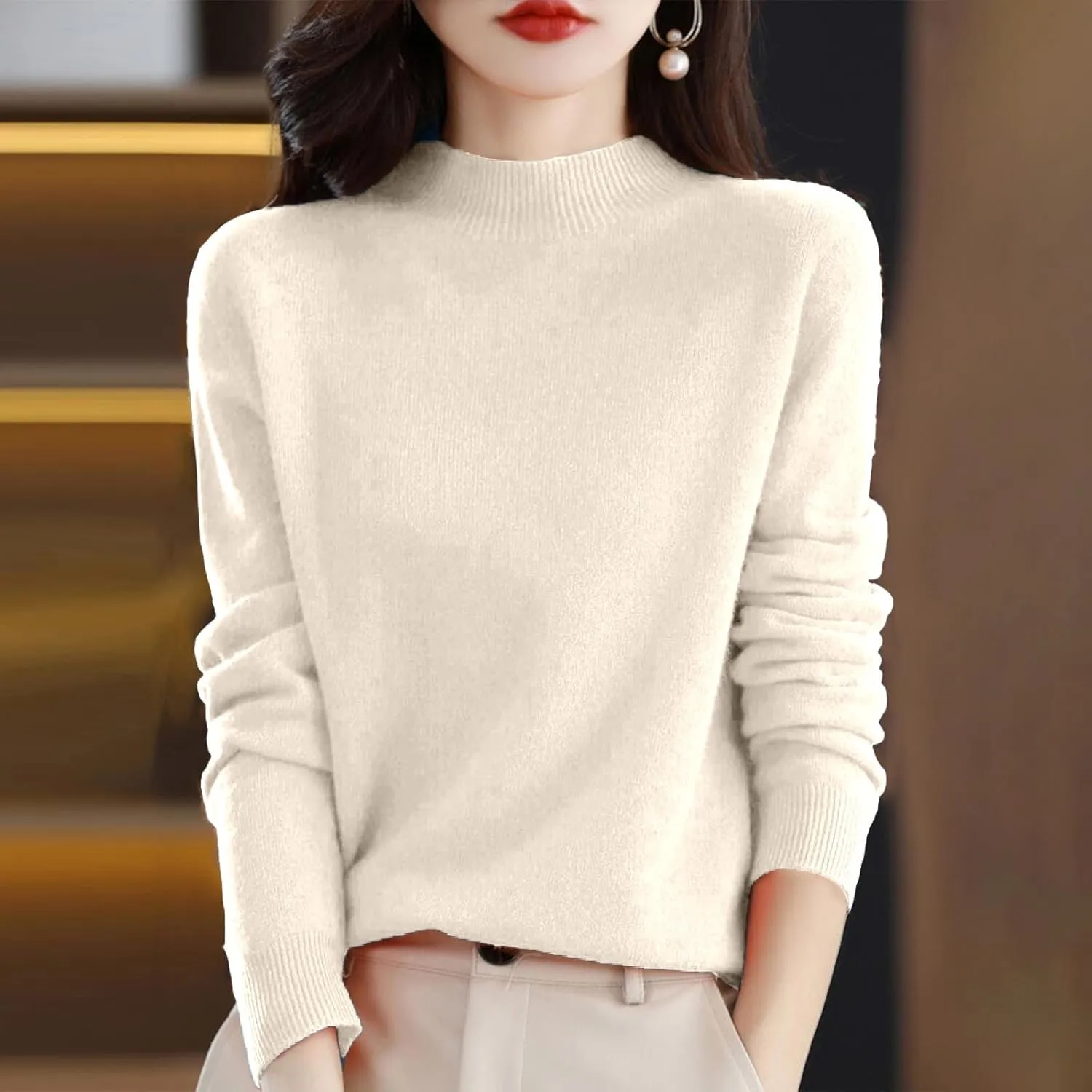 Womens Cashmere Sweaters Soft Half Turtleneck Long Sleeve Wool Sweater Tops Solid Lightweight Knit Pullover Tops