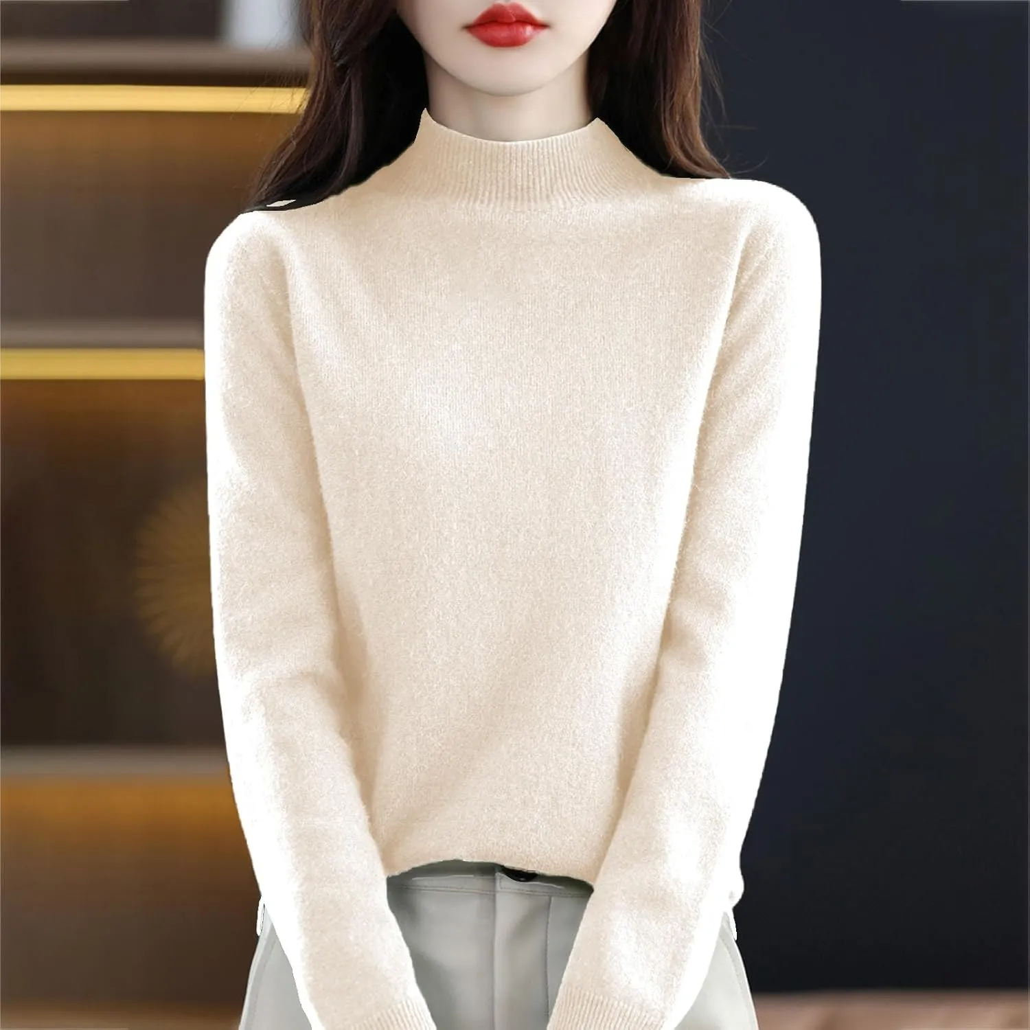 Womens Cashmere Sweaters Soft Half Turtleneck Long Sleeve Wool Sweater Tops Solid Lightweight Knit Pullover Tops