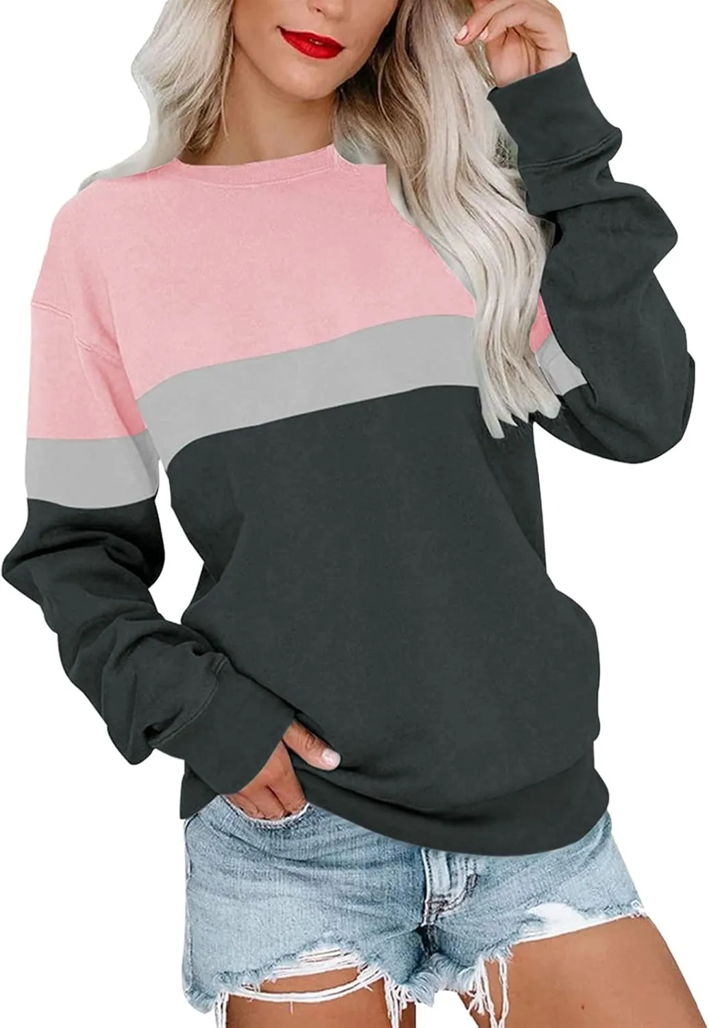 Womens Casual Crewneck Sweatshirt Long Sleeve Solid Color Shirt Soft Lightweight Loose Top Fall Clothes