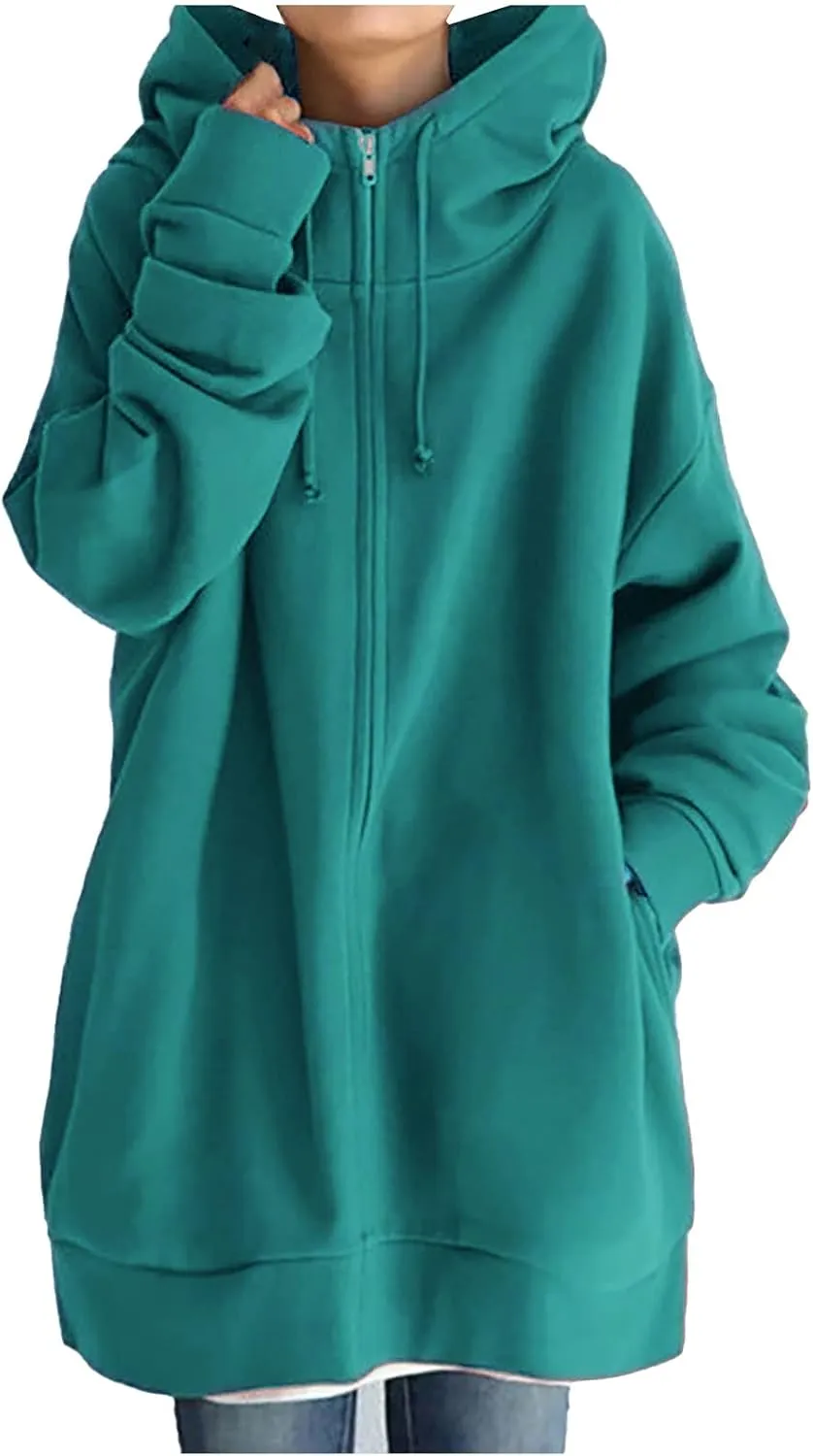 Womens Casual Hoodies Zip-Up Long Sleeve Knee Length Tops Dressy Sweatshirts Cozy Fall Hooded Jackets With Pocket