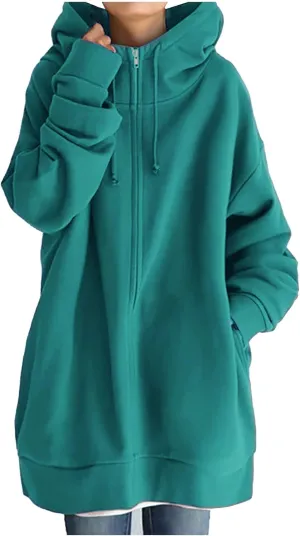 Womens Casual Hoodies Zip-Up Long Sleeve Knee Length Tops Dressy Sweatshirts Cozy Fall Hooded Jackets With Pocket