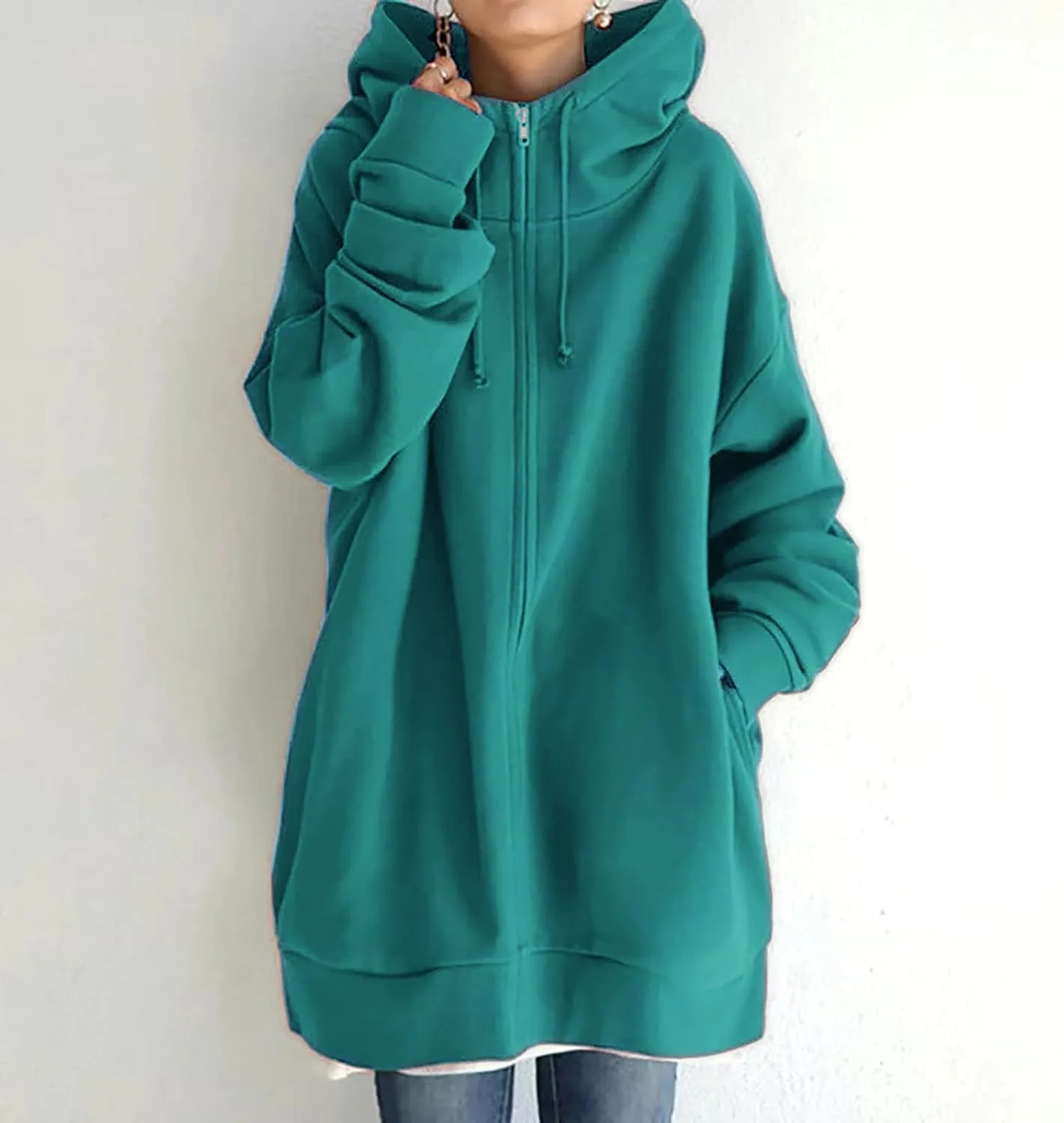 Womens Casual Hoodies Zip-Up Long Sleeve Knee Length Tops Dressy Sweatshirts Cozy Fall Hooded Jackets With Pocket